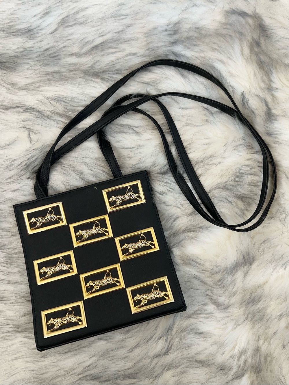 Vintage 80’s NIMA gold leopard embellished black shoulder bag statement glamour